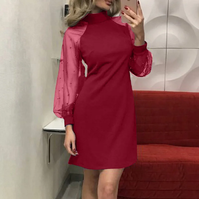 Fantastic Offers Long Sleeve Mesh Patchwork Turtleneck Mini Dress