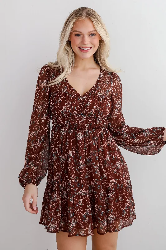 Limited Quantity FINAL SALE - Charming Invitation Brown Floral Mini Dress