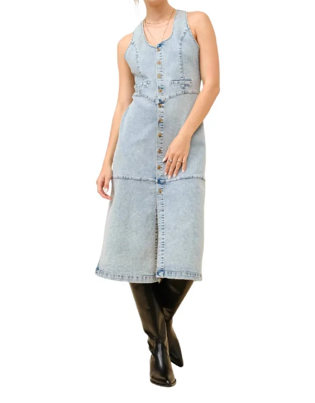 Limited Availability Denim Sleeveless Dress In Washed Blue