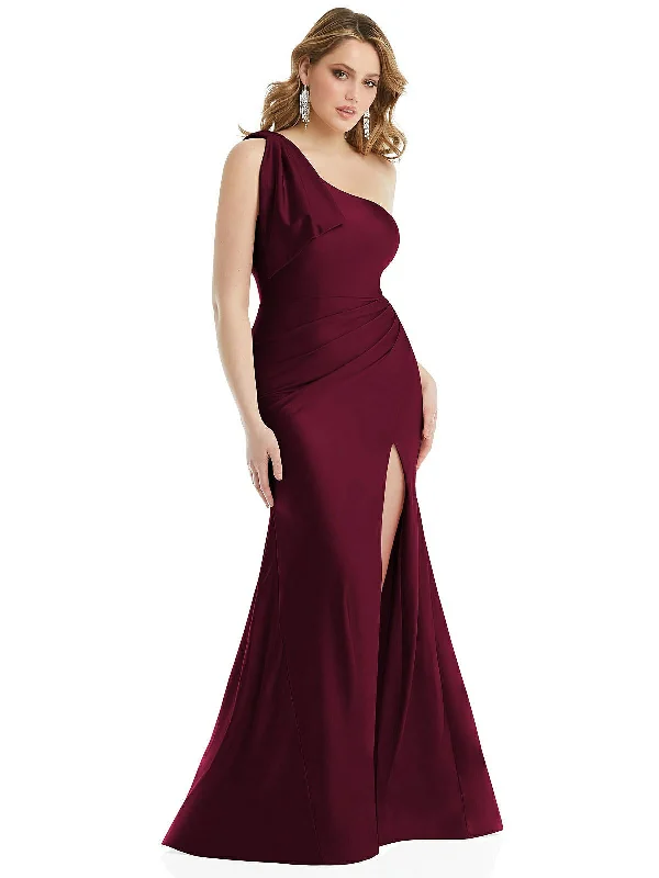 Online Only Cascading Bow One-Shoulder Stretch Satin Mermaid Dress with Slight Train