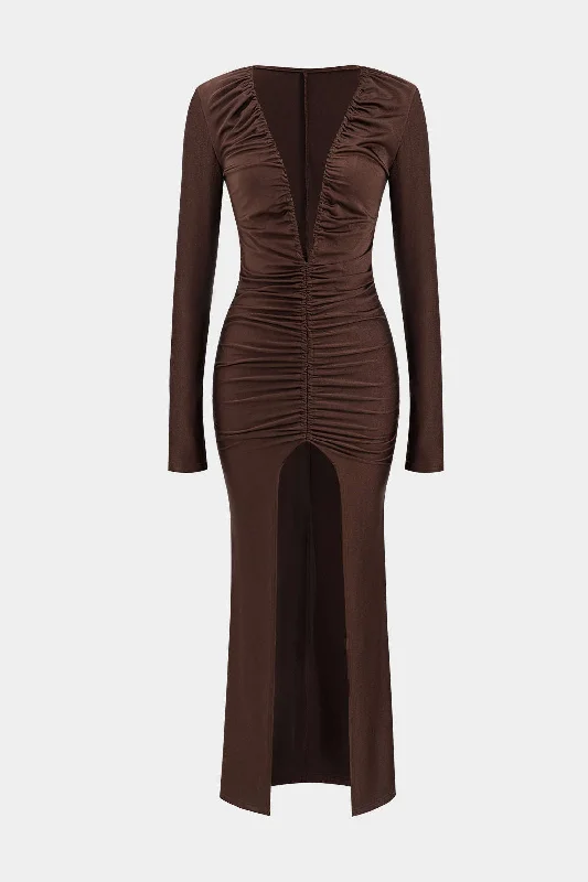 Don't Miss Ruched V-Neck Long Sleeve Maxi Dress