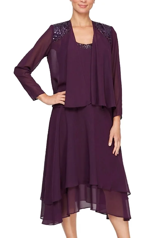 Big Discounts Beaded Shoulder Jacket Dress In Deep Plum