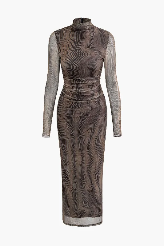 Reduced Prices Wave Mock Neck Mesh Long Sleeve Maxi Dress