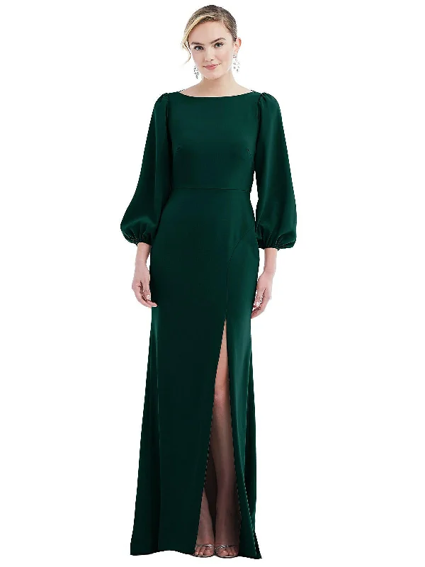 Friends and Family Sale Bishop Sleeve Open-Back Trumpet Gown with Scarf Tie