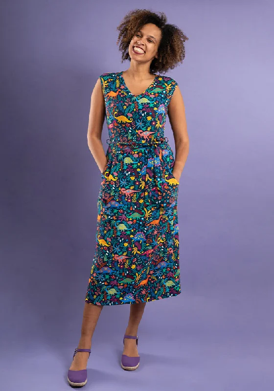 Clearance Event Bambiraptor Dinosaur Print Cotton Midi Dress