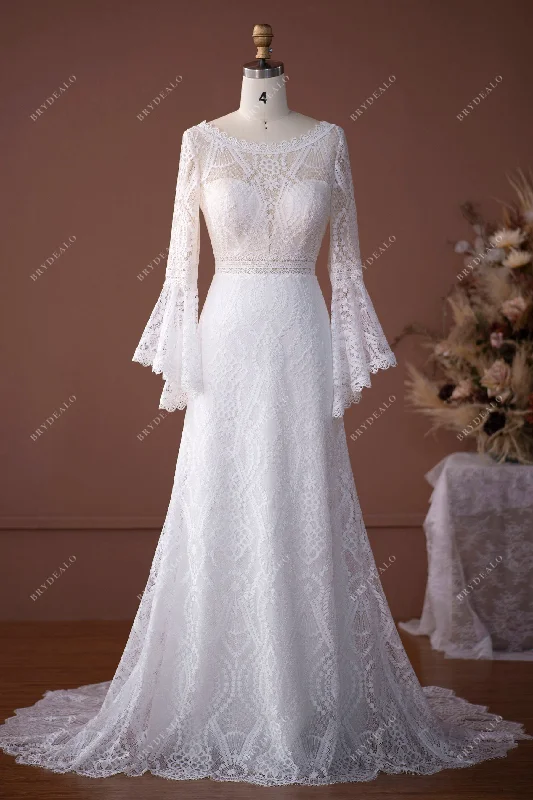 Weekend Deal Lace Bell Sleeves Illusion Scalloped Bridal Dress