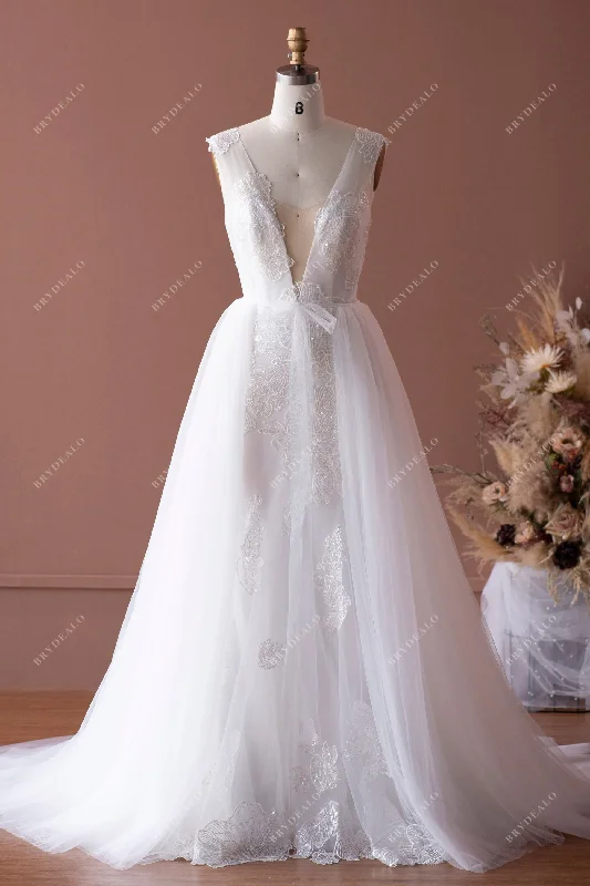 Limited Stock Light Ivory Lace Plunging Bridal Gown with Detachable Overskirt