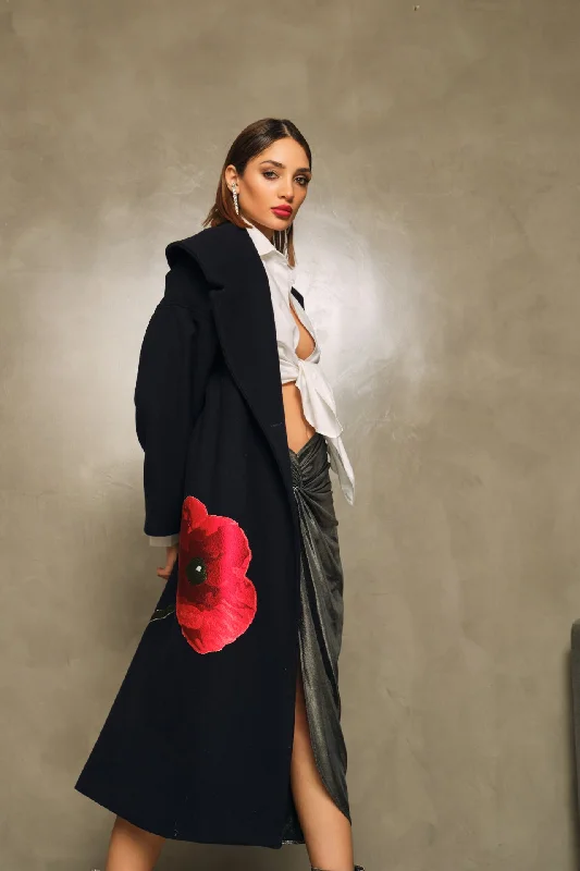 Exclusive Savings NAVY BLUE POPPY COAT WITH SILVER SLIT SKIRT AND OVERSIZED WHITE SHIRT REV226-SKT045-OVS001