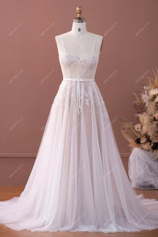 Discount Days Tiny Straps Sweetheart Lace Tulle A-line Boho Wedding Dress