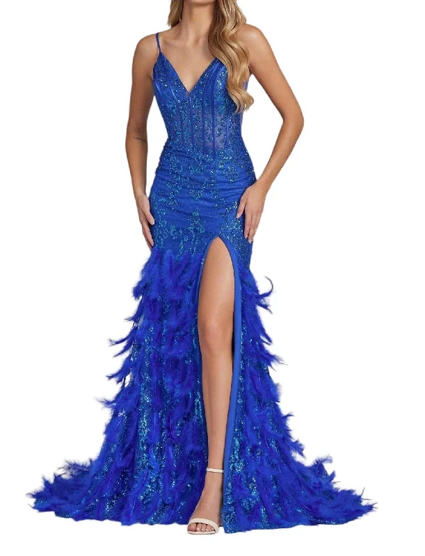Exclusive Preview Fitted Glitter Print Feather Gown In Royal Blue