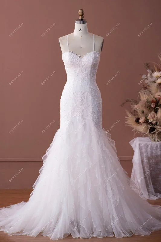 Weekend Flash Sale Spaghetti Strap Sweetheart Lace Ruffled Mermaid Wedding Dress